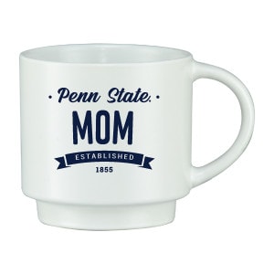 white stackable mug with Penn State Mom Established 1855